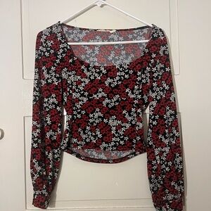 Lush Floral Print Blouse - Red, White, Black